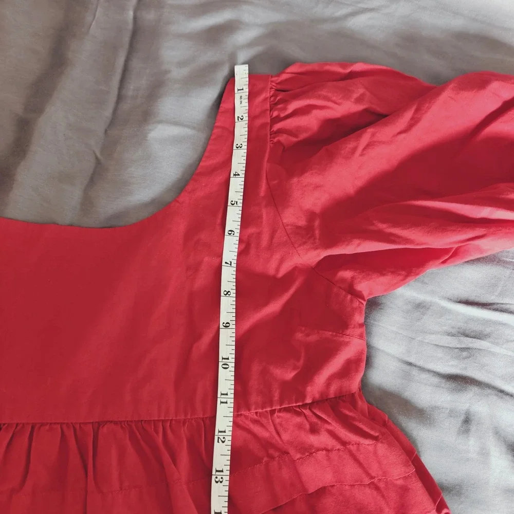 Red Cotton Puff Sleeve Babydoll Pintuck Tiered Mini Dress made by E.L.F. XL - Picture 11 of 11